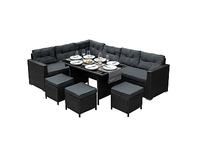 Rotan Hoekset Loungeset Dining Tuintafel - 9 Personen - Regenhoes + Uitneembare Kussens - Zwart
