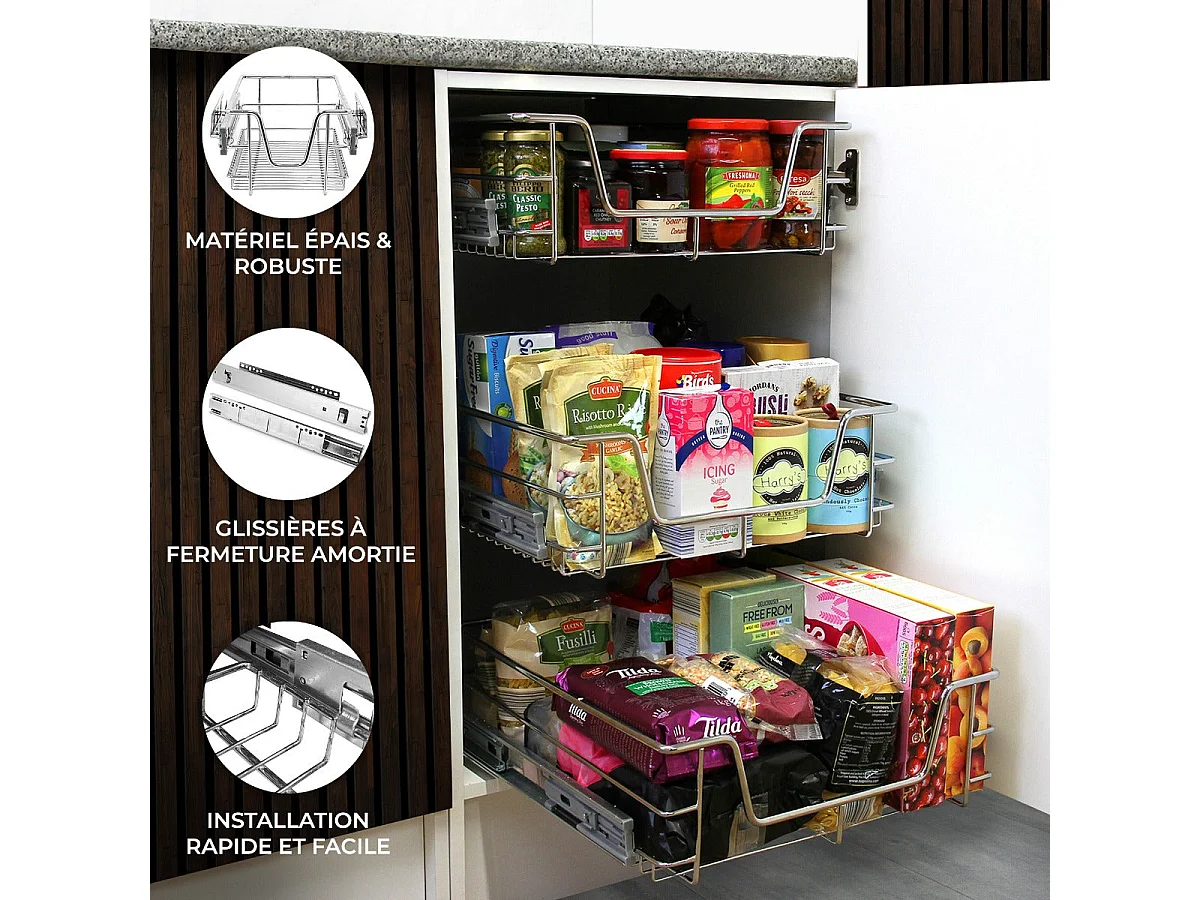 6 Paniers Coulissants KuKoo Pour Placard de Cuisine de 50cm