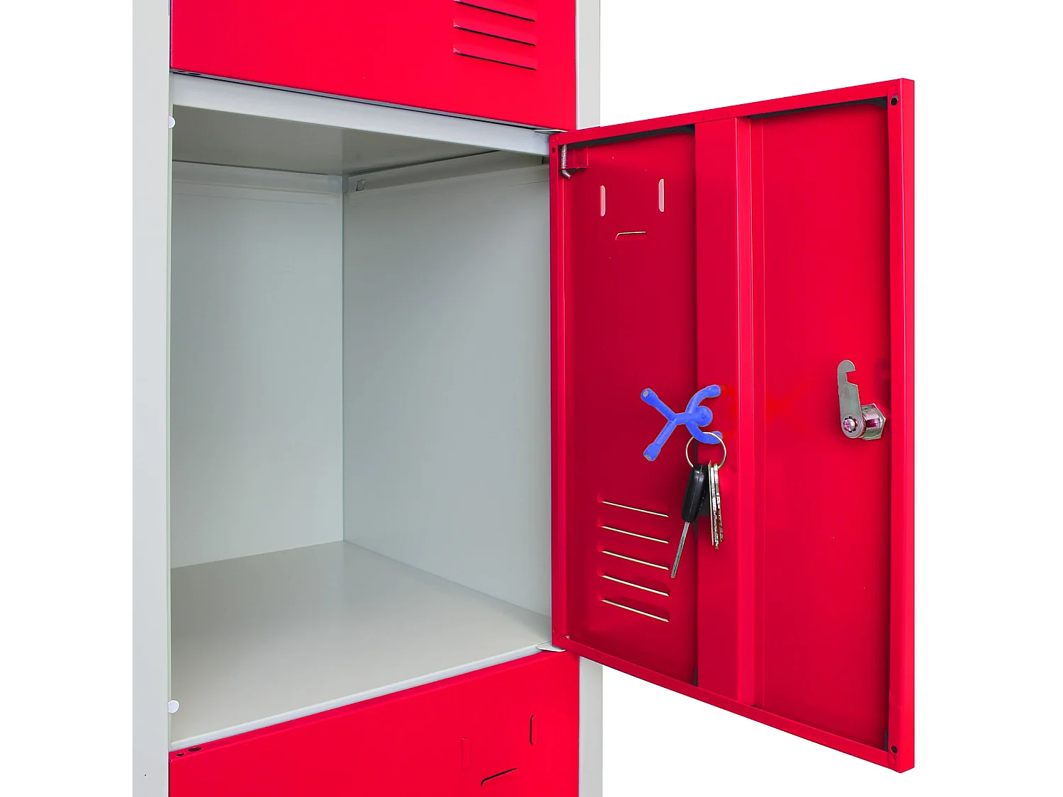 Metalowe szafki magazynowe – cztery drzwi, pakowane na płasko, czerwone