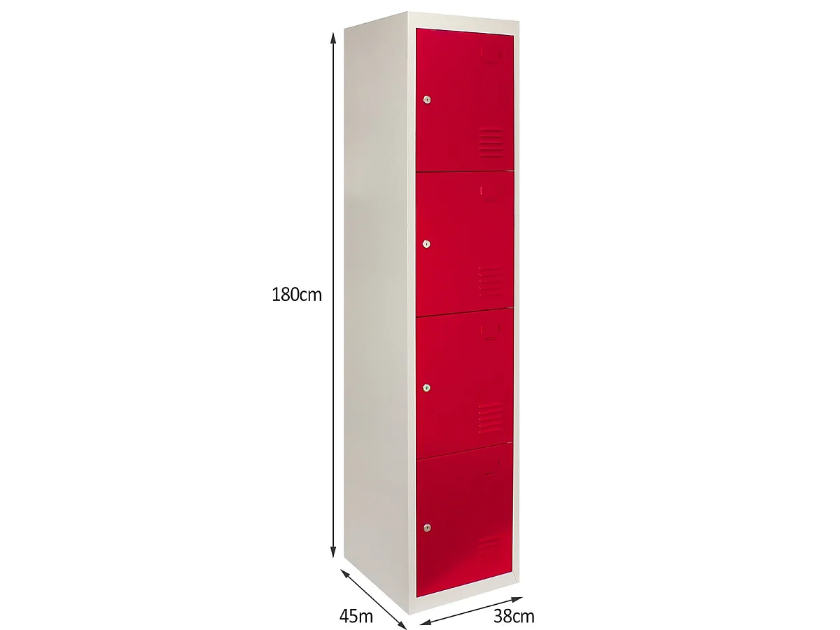 Casier Métallique Rouge à 4 Portes pour vestiaires 180 x 38 x 45 cm gym école