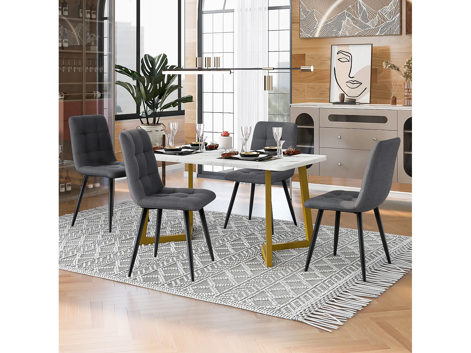 Ensemble table à manger rectangulaire avec 4 chaises, design moderne, chaises ergonomiques rembourrées, MDF gris