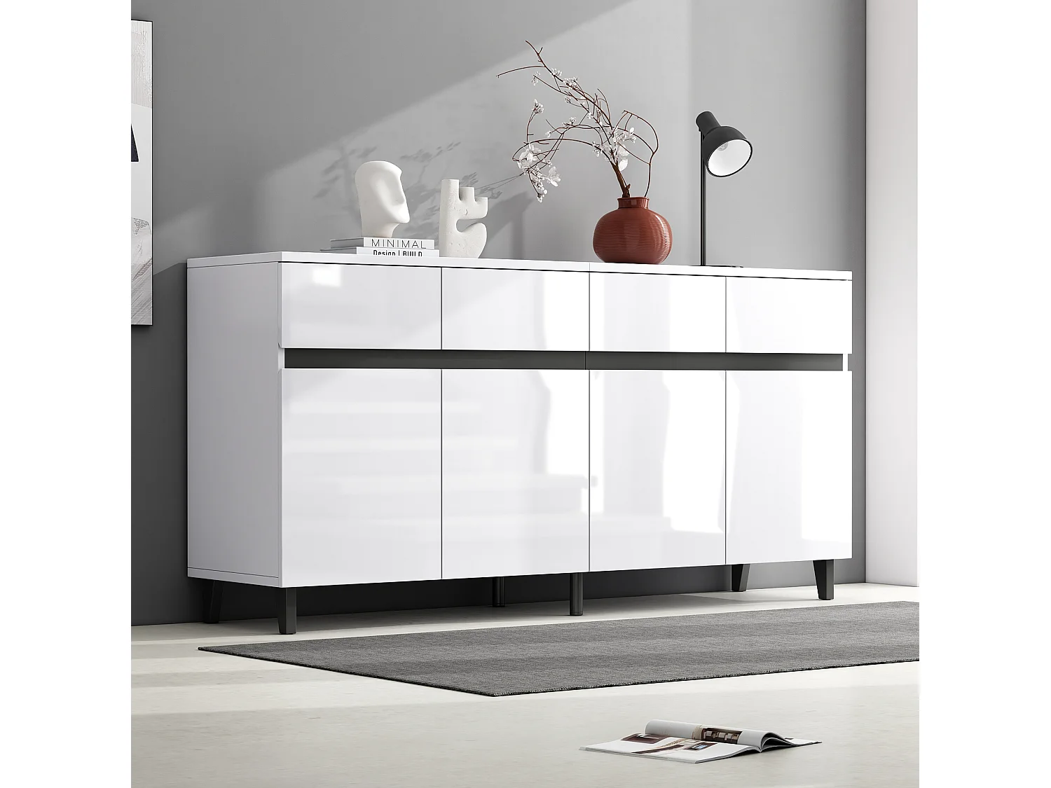 Dressoir 160x40x68 cm met verstelbare planken, vier lades en vier opbergvakken. Witte spaanplaat voor woon- en eetkamer.