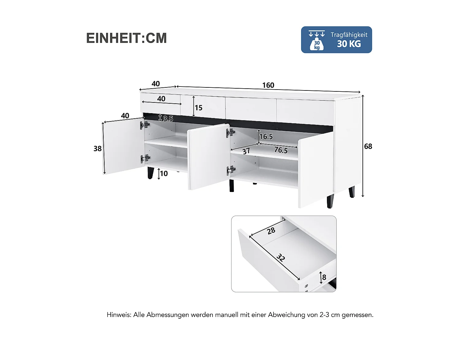 Buffet 160x40x68 cm avec Étagères réglables et quatre tiroirs et quatre compartiments de rangement Panneaux de particules en blanc pour salon et salle à manger