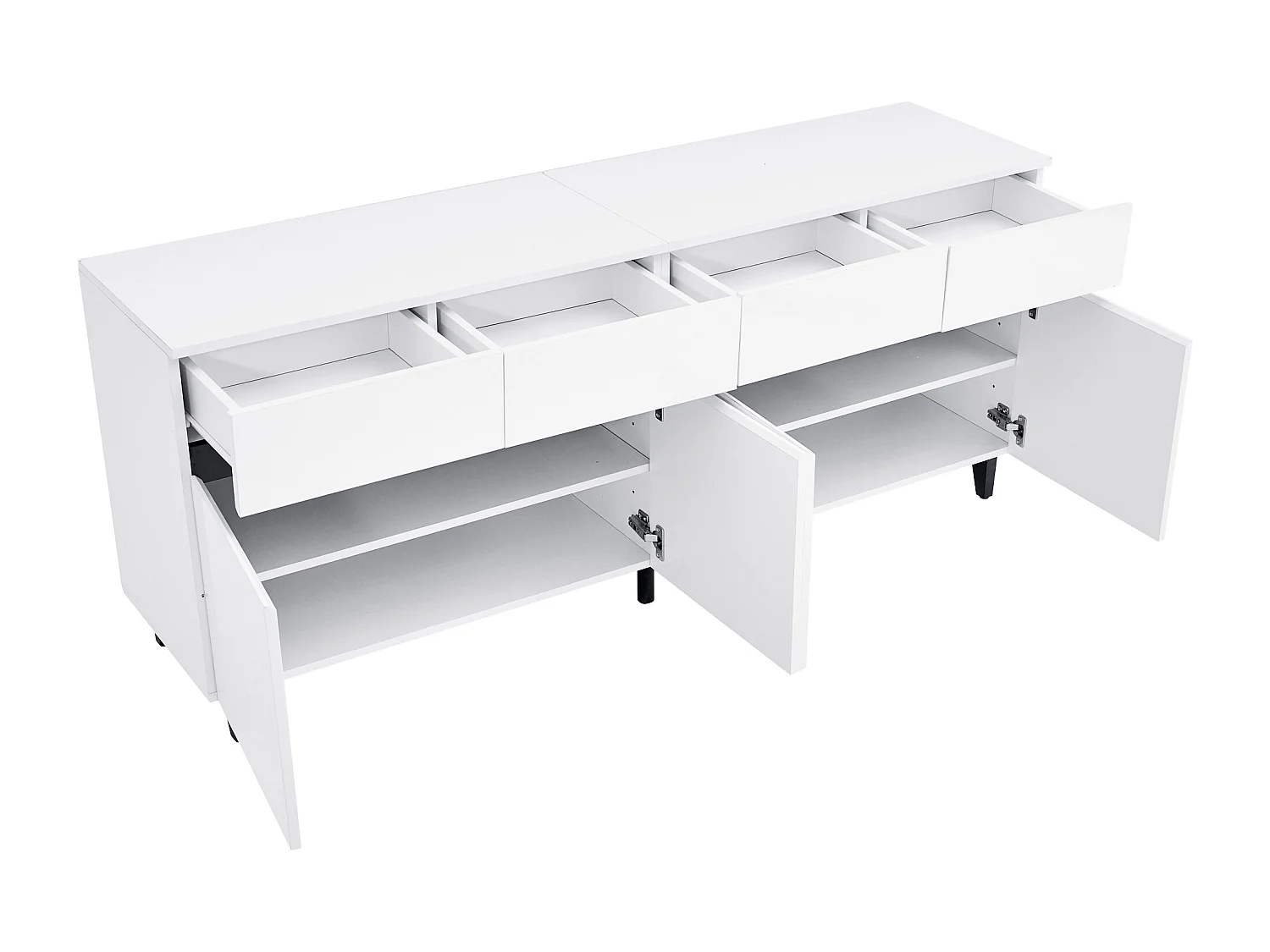 Buffet 160x40x68 cm, 4 tiroirs et 2 portes, étagères réglables, panneau avant brillant, panneau de particules, blanc