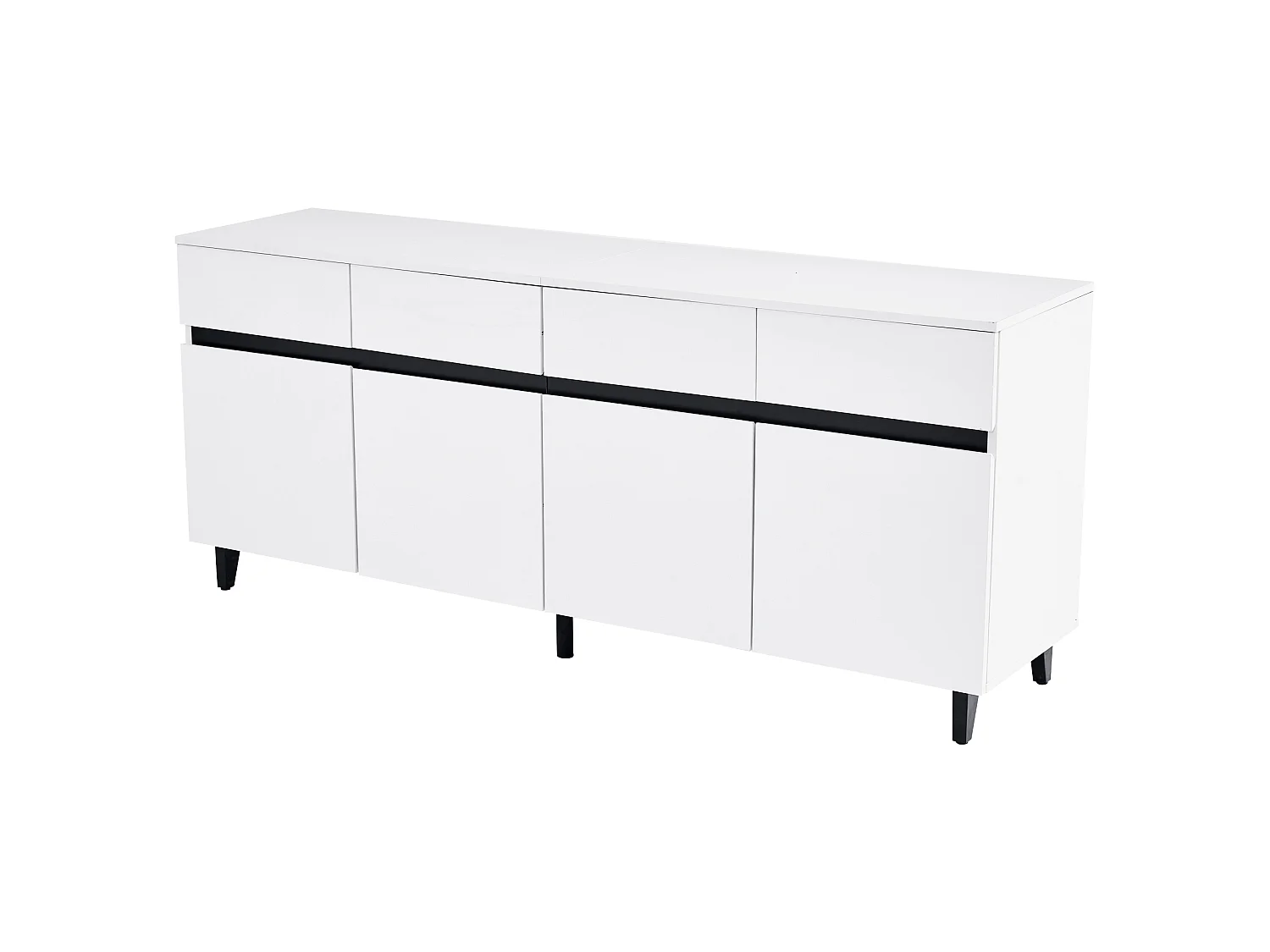 Buffet 160x40x68 cm, 4 tiroirs et 2 portes, étagères réglables, panneau avant brillant, panneau de particules, blanc