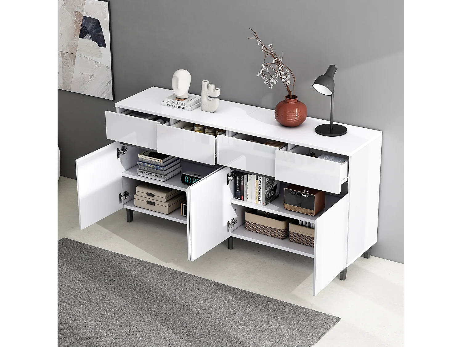 Buffet 160x40x68 cm, 4 tiroirs et 2 portes, étagères réglables, panneau avant brillant, panneau de particules, blanc