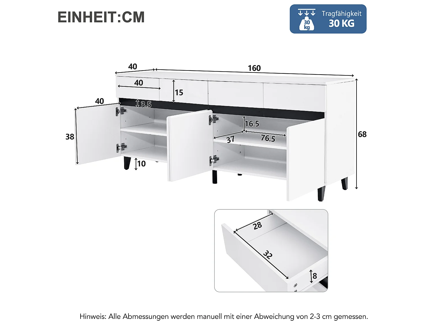Buffet 160x40x68 cm, 4 tiroirs et 2 portes, étagères réglables, panneau avant brillant, panneau de particules, blanc