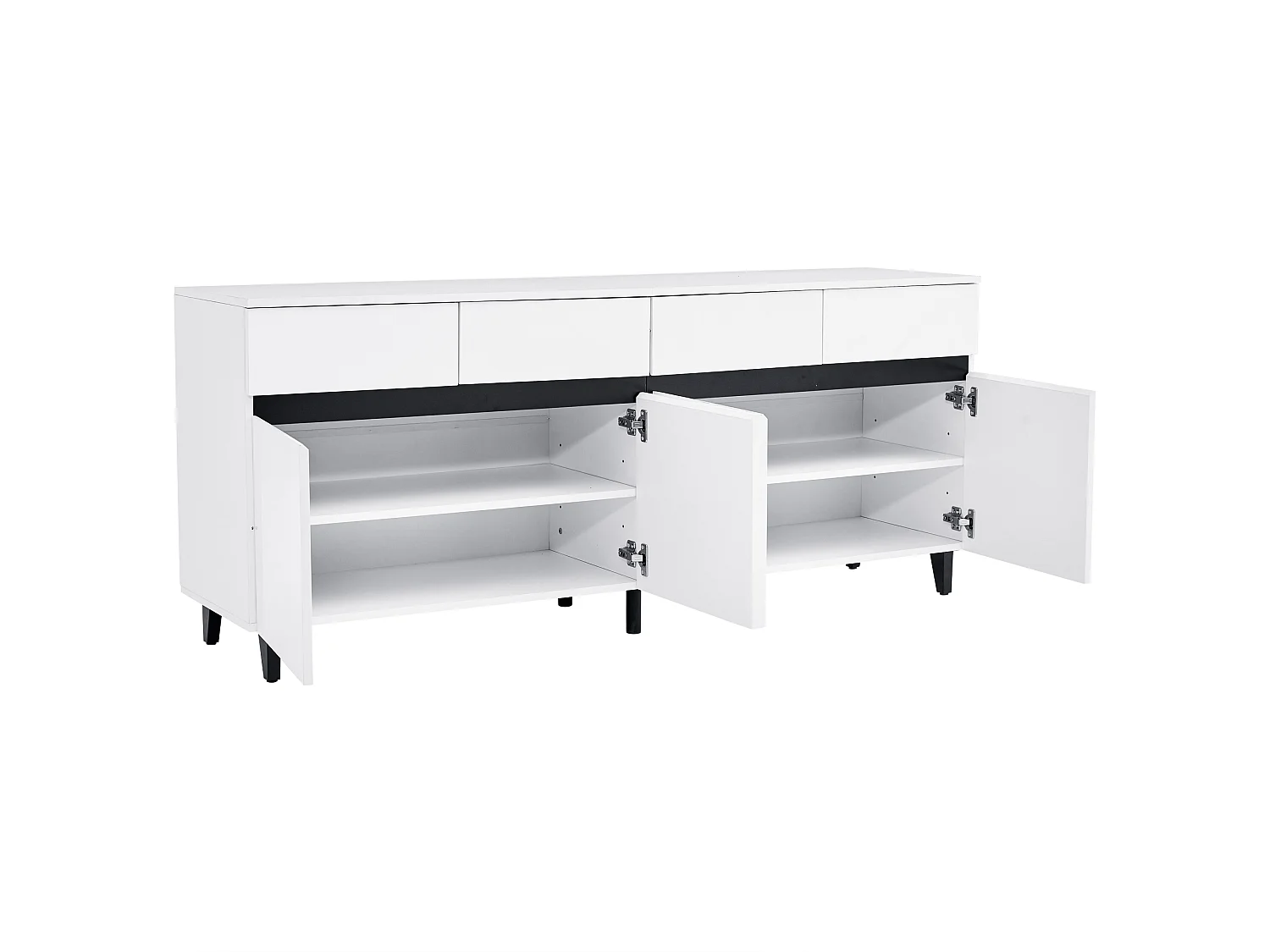 Buffet 160x40x68 cm, 4 tiroirs et 2 portes, étagères réglables, panneau avant brillant, panneau de particules, blanc
