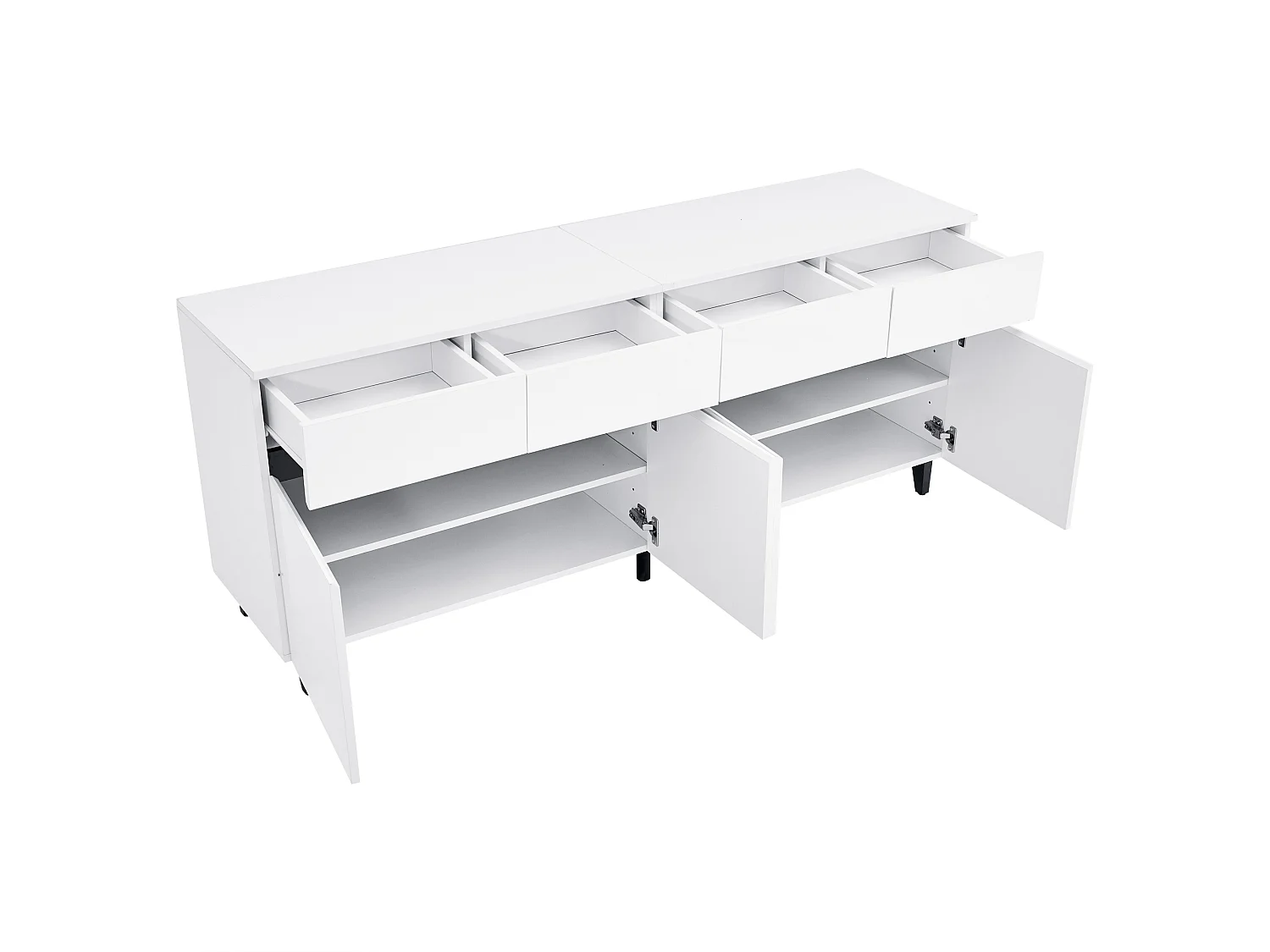 Buffet 160x40x68 cm, 4 tiroirs et 2 portes, étagères réglables, panneau avant brillant, panneau de particules, blanc