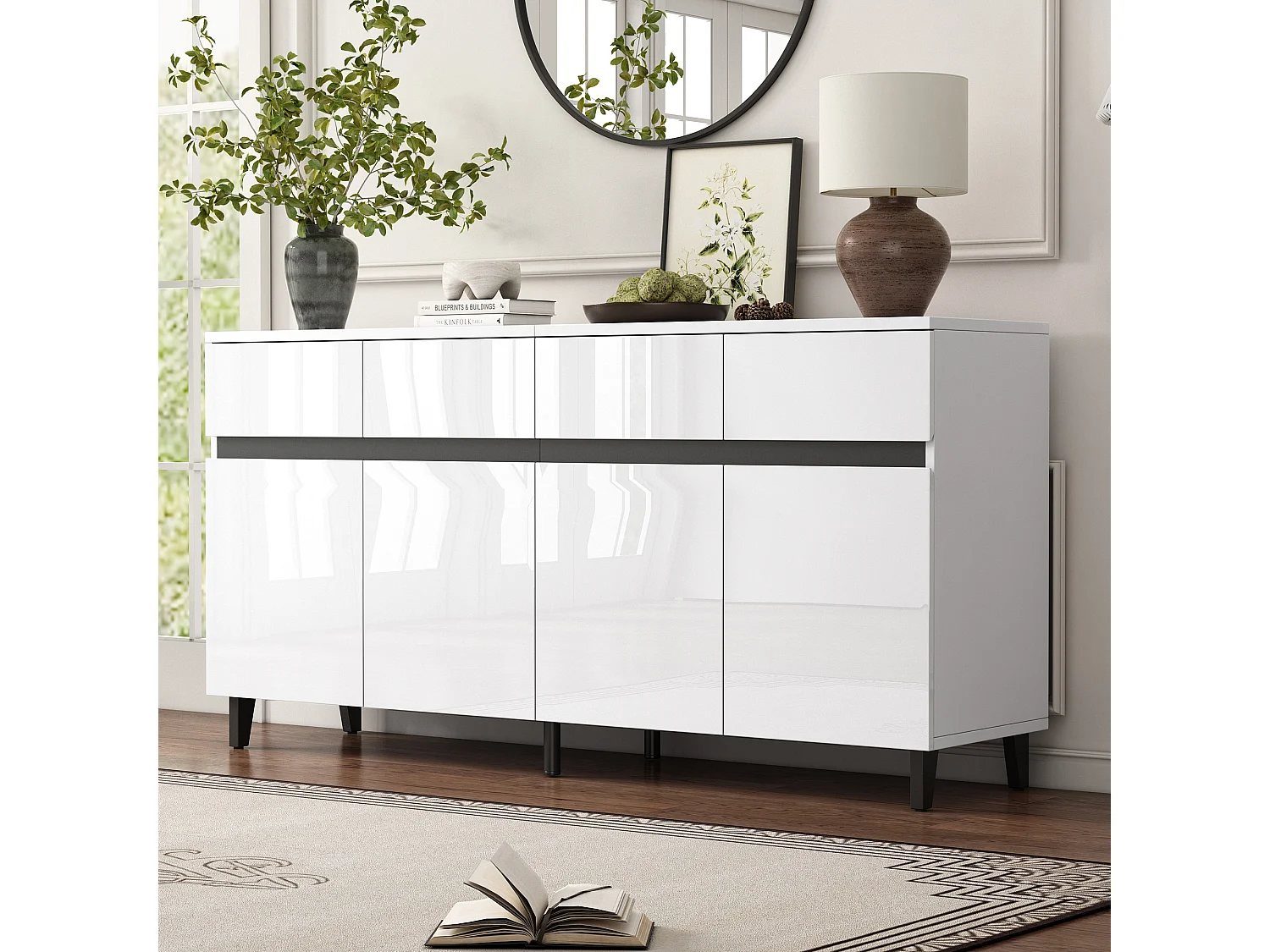 Buffet 160x40x68 cm, 4 tiroirs et 2 portes, étagères réglables, panneau avant brillant, panneau de particules, blanc