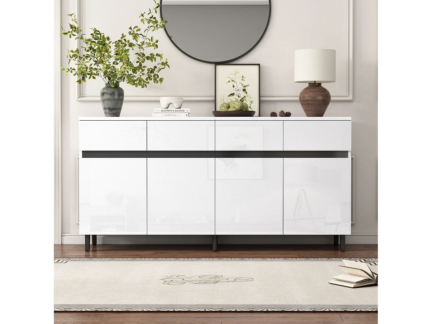 Buffet 160x40x68 cm, 4 tiroirs et 2 portes, étagères réglables, panneau avant brillant, panneau de particules, blanc