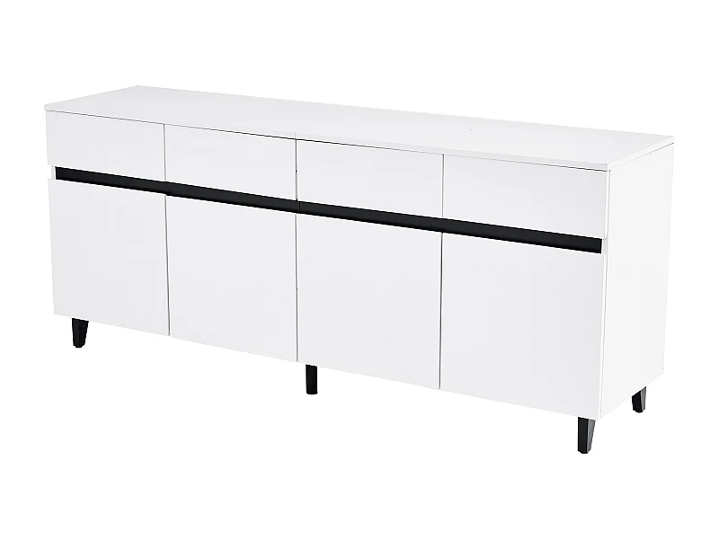 Buffet 160x40x68 cm, 4 tiroirs et 2 portes, étagères réglables, panneau avant brillant, panneau de particules, blanc