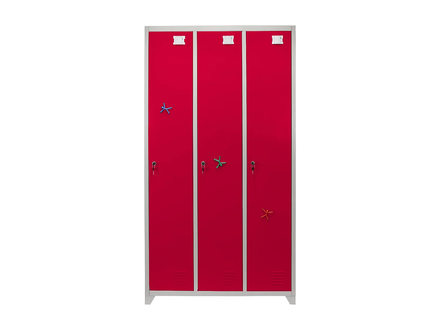 Metalowe szafki magazynowe – trzy szerokie drzwi, czerwone