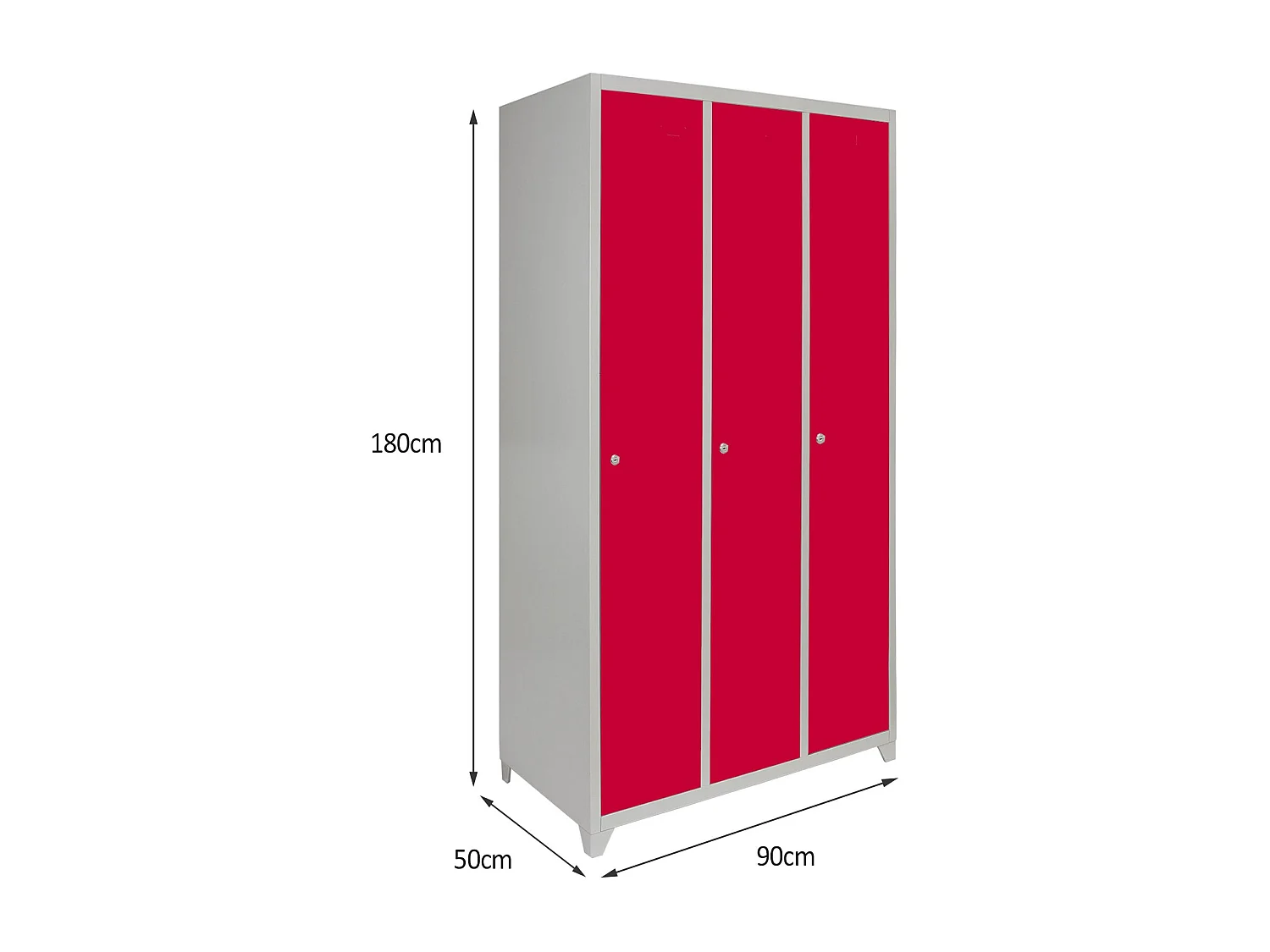 Metalowe szafki magazynowe – trzy szerokie drzwi, czerwone