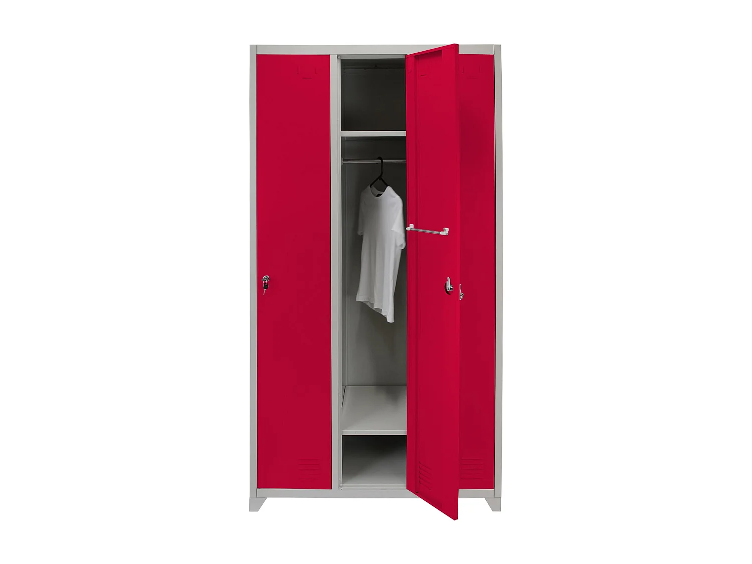 Metalowe szafki magazynowe – trzy szerokie drzwi, czerwone