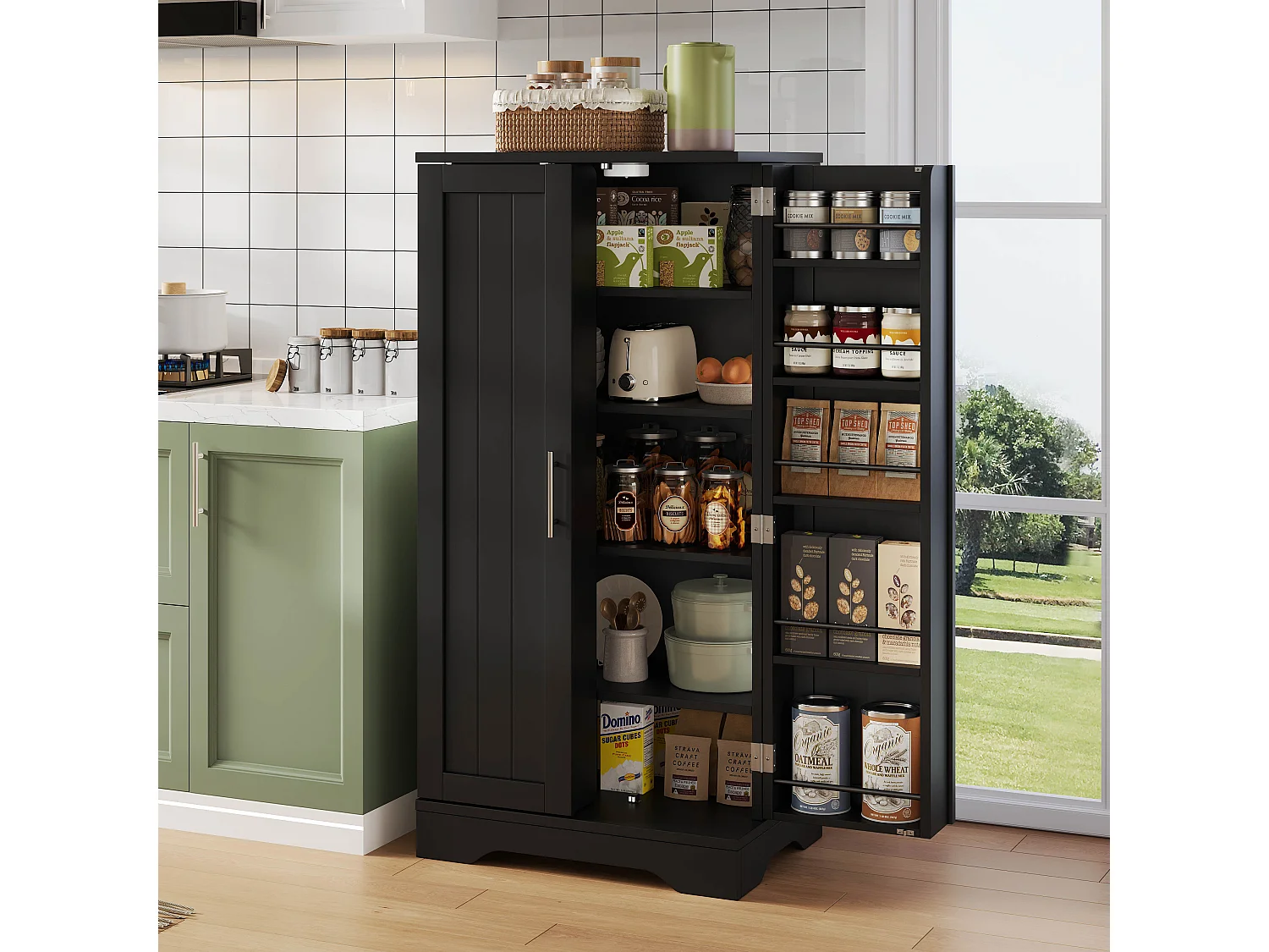 Buffet de cuisine 60x40x120.5 cm avec LED Étagères réglables et placards à double porte Matériau MDF en noir pour Salle à manger et cuisine