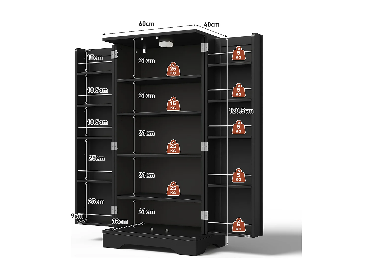 Buffet de cuisine 60x40x120.5 cm avec LED Étagères réglables et placards à double porte Matériau MDF en noir pour Salle à manger et cuisine