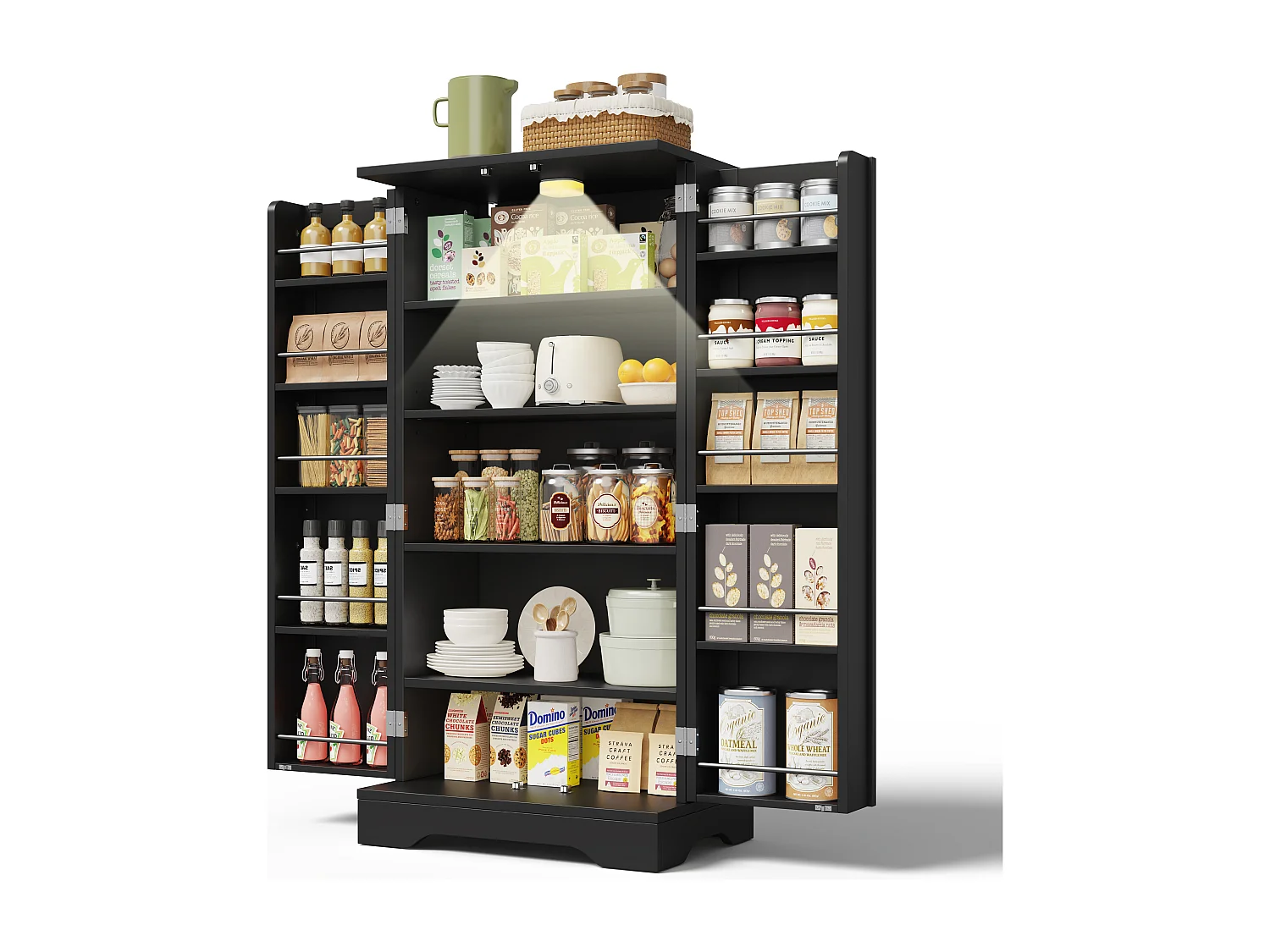 Buffet de cuisine 60x40x120.5 cm avec LED Étagères réglables et placards à double porte Matériau MDF en noir pour Salle à manger et cuisine