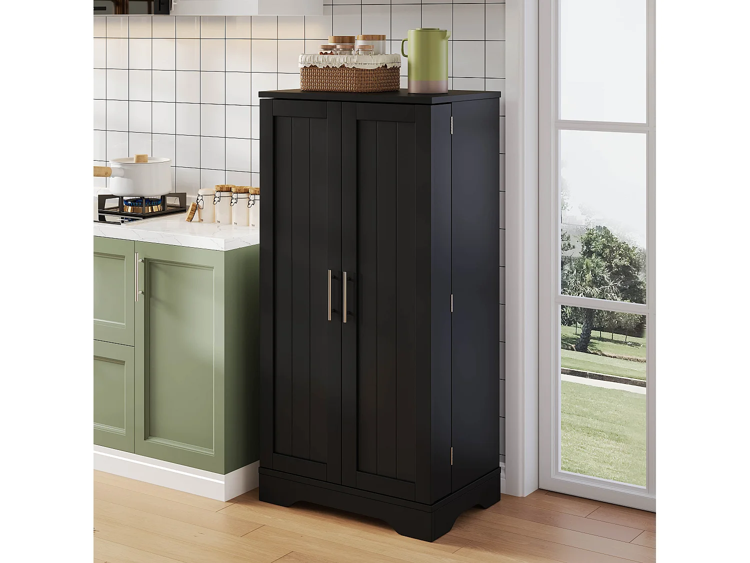 Buffet de cuisine 60x40x120.5 cm avec LED Étagères réglables et placards à double porte Matériau MDF en noir pour Salle à manger et cuisine