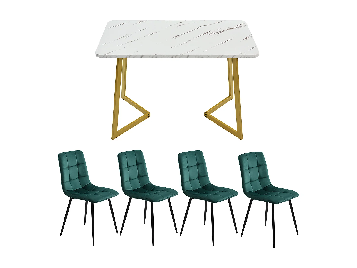 Eettafelset 117x68x75 cm + 4 stoelen 44x46x86 cm. Groene metalen tafelpoten voor eetkamer en woonkamer.