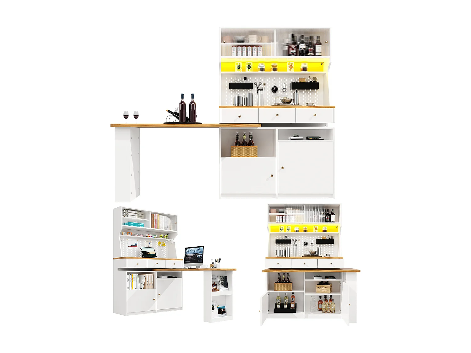 Dressoir 137x45x177,7 cm met ledverlichting, drie lades, tafel en hangpaneel. Gemaakt van wit MDF, geschikt voor zowel de woonkamer als de eetkamer.