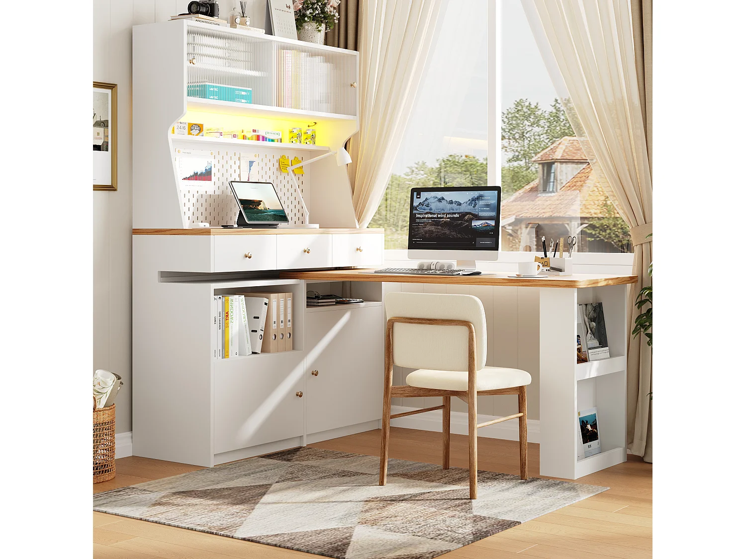 Dressoir 137x45x177,7 cm met ledverlichting, drie lades, tafel en hangpaneel. Gemaakt van wit MDF, geschikt voor zowel de woonkamer als de eetkamer.