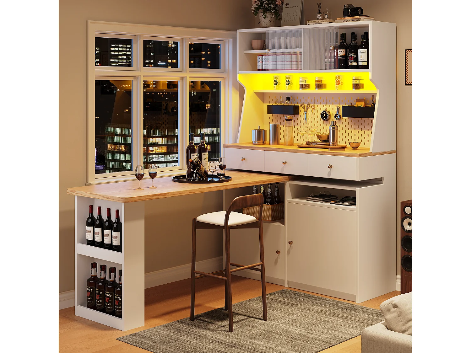 Buffet 137x45x177.7 cm avec LED Trois tiroirs et table et panneau de suspension Matériau MDF en blanc pour salon et salle à manger