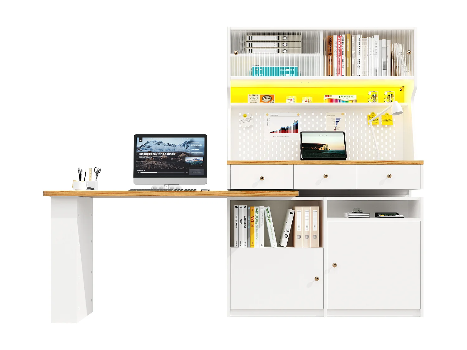 Buffet 137x45x177.7 cm avec LED Trois tiroirs et table et panneau de suspension Matériau MDF en blanc pour salon et salle à manger