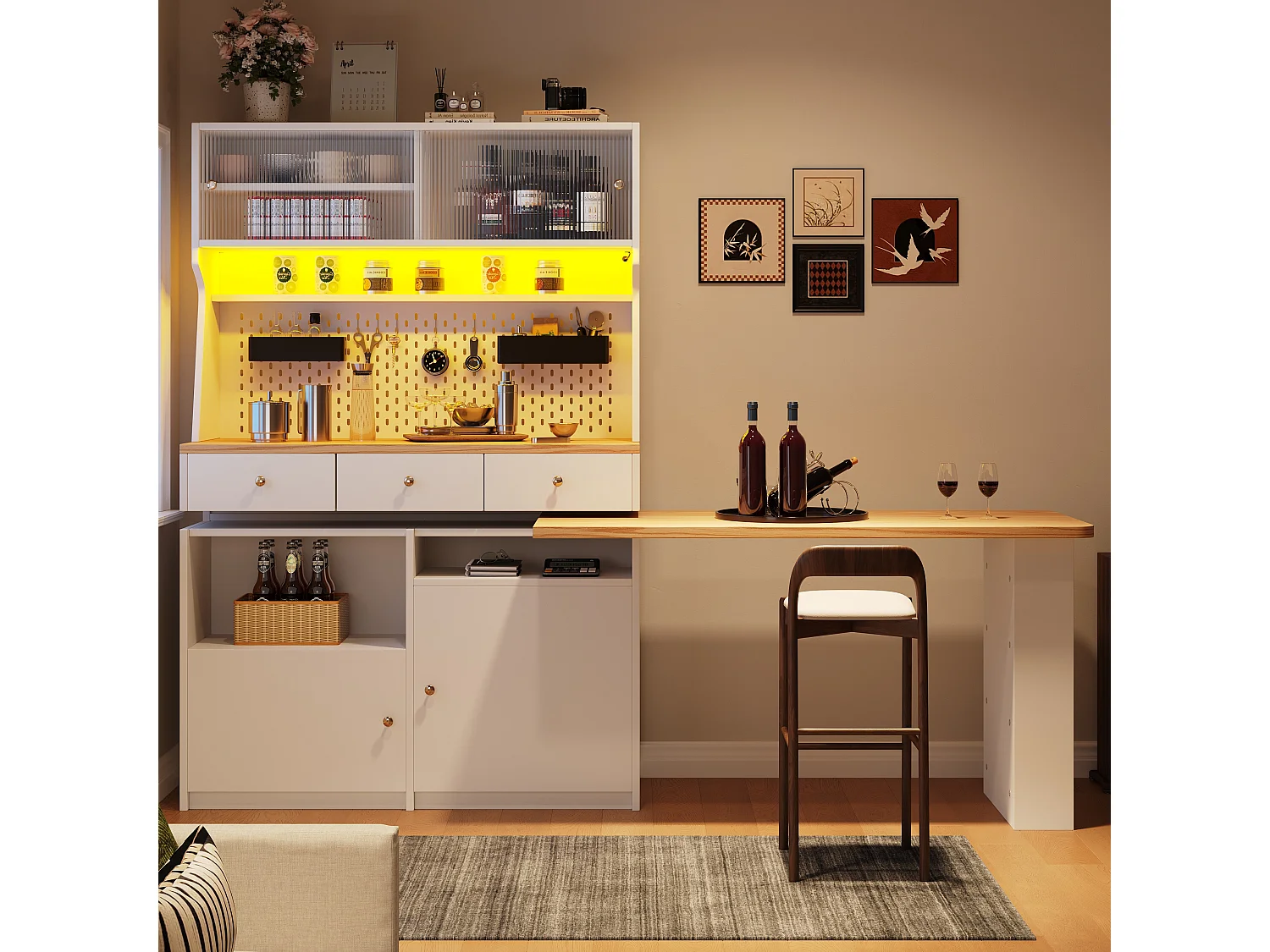 Buffet 137x45x177.7 cm avec LED Trois tiroirs et table et panneau de suspension Matériau MDF en blanc pour salon et salle à manger