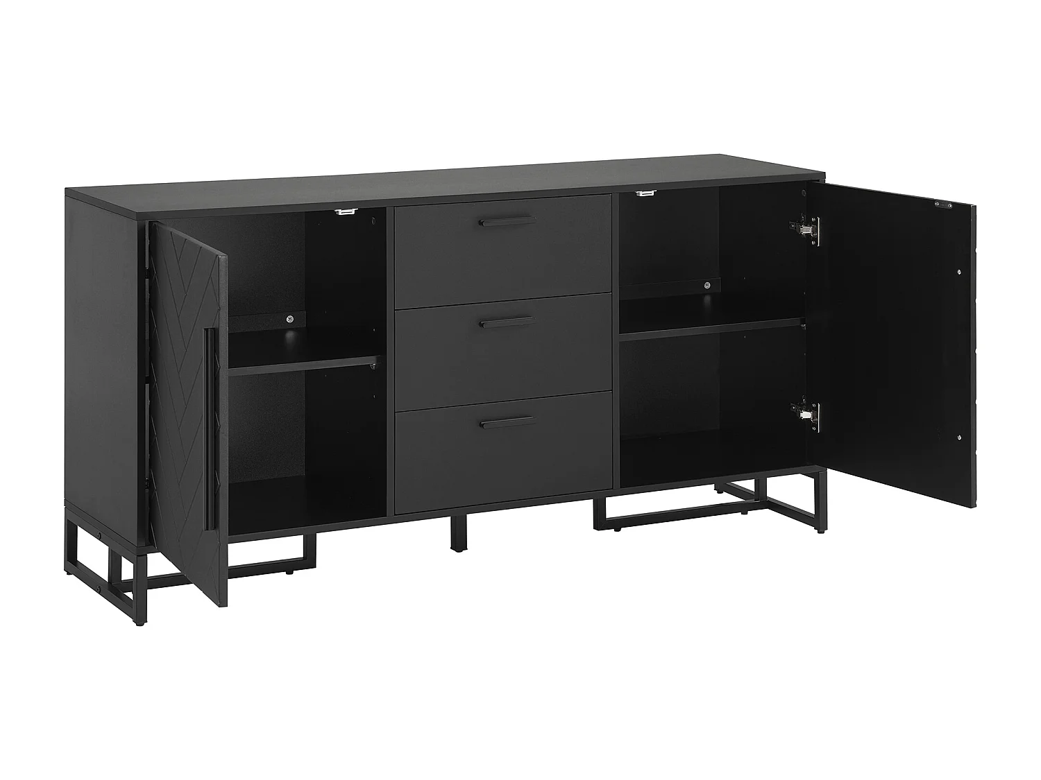 Buffet 120x40x80 cm, 2 portes à motif chevron, 3 tiroirs, étagères réglables, MDF noir