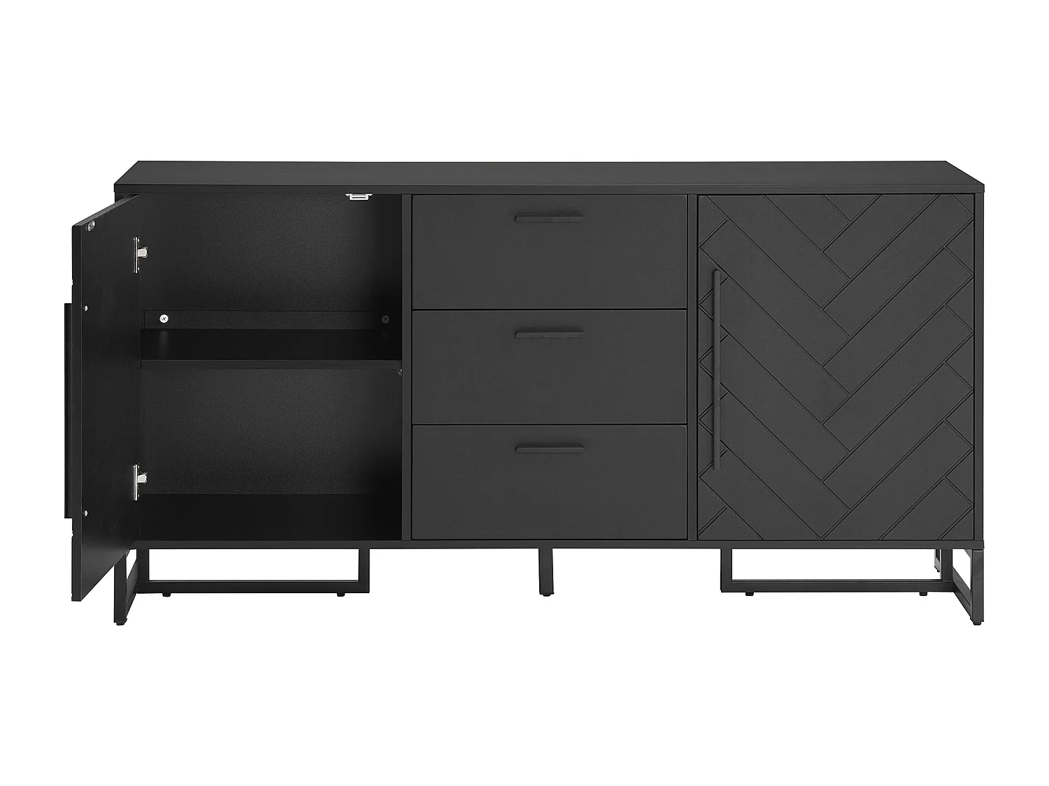 Buffet 120x40x80 cm, 2 portes à motif chevron, 3 tiroirs, étagères réglables, MDF noir