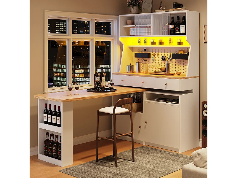 Buffet 137x45x177.7 cm avec LED Trois tiroirs et table et panneau de suspension Matériau MDF en blanc pour salon et salle à manger