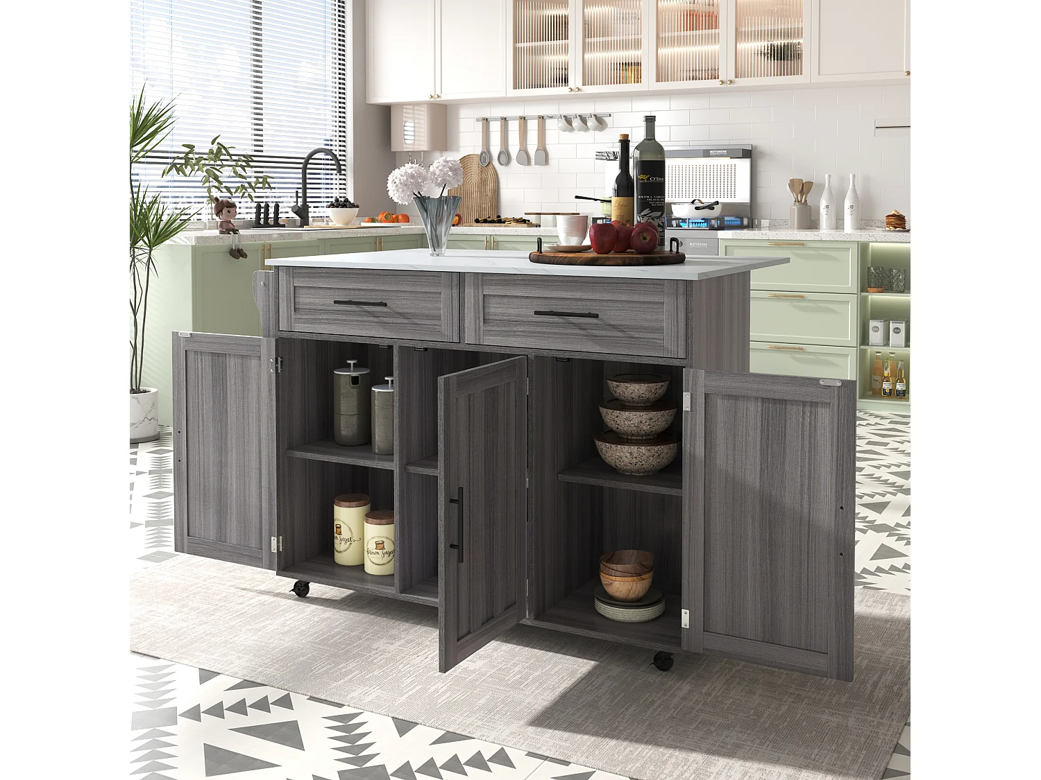 Dressoir 129x71x91,5 cm met twee lades, verstelbare tussenschotten en een klapblad. Gemaakt van MDF in grijs en wit, geschikt voor de eetkamer en woonkamer.