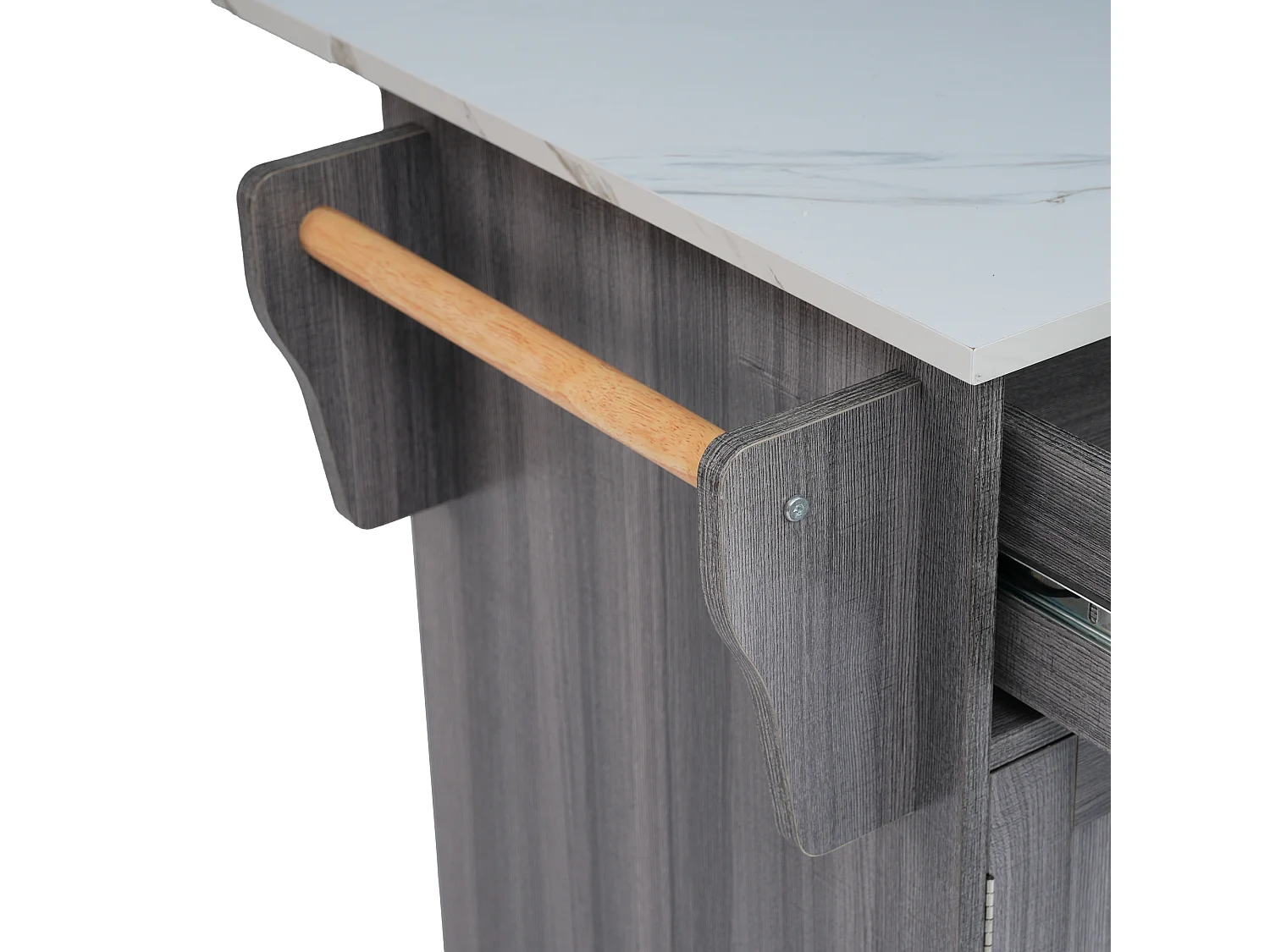 Dressoir 129x71x91,5 cm met twee lades, verstelbare tussenschotten en een klapblad. Gemaakt van MDF in grijs en wit, geschikt voor de eetkamer en woonkamer.