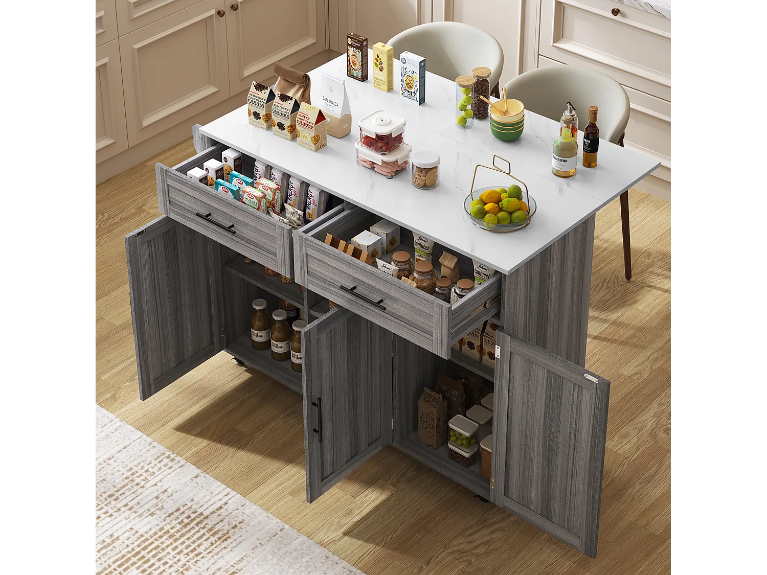 Dressoir 129x71x91,5 cm met twee lades, verstelbare tussenschotten en een klapblad. Gemaakt van MDF in grijs en wit, geschikt voor de eetkamer en woonkamer.