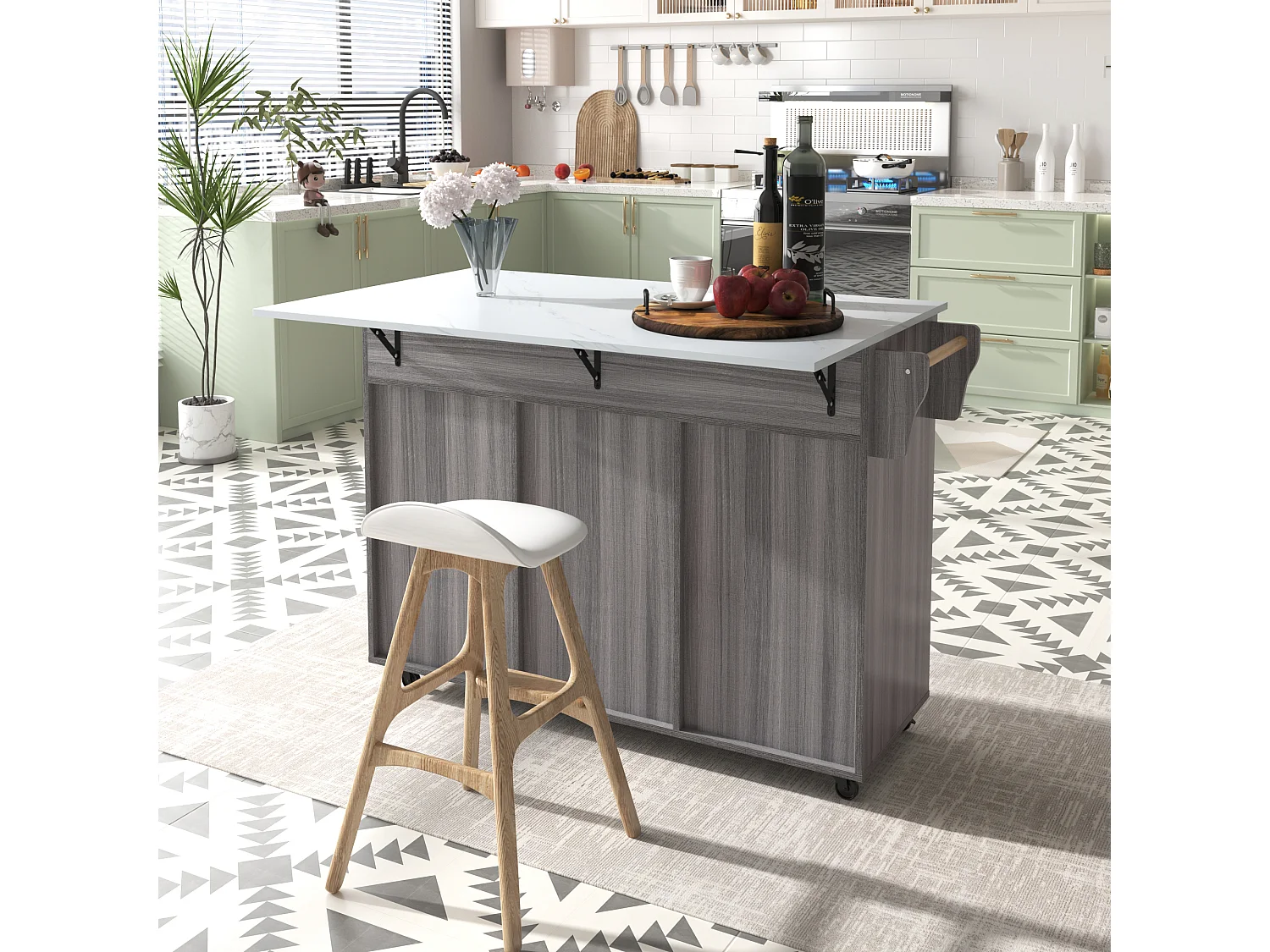 Dressoir 129x71x91,5 cm met twee lades, verstelbare tussenschotten en een klapblad. Gemaakt van MDF in grijs en wit, geschikt voor de eetkamer en woonkamer.