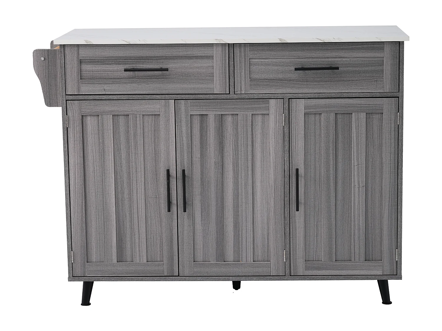 Îlot de cuisine 129x71x91.5 cm, plateau rabattable, 2 tiroirs, étagères réglables, 5 roulettes avec freins, MDF, gris et blanc