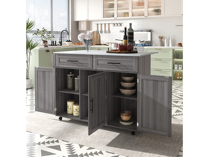 Dressoir 129x71x91,5 cm met twee lades, verstelbare tussenschotten en een klapblad. Gemaakt van MDF in grijs en wit, geschikt voor de eetkamer en woonkamer.