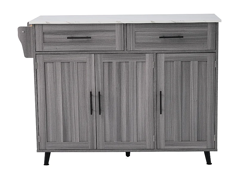 Îlot de cuisine 129x71x91.5 cm, plateau rabattable, 2 tiroirs, étagères réglables, 5 roulettes avec freins, MDF, gris et blanc