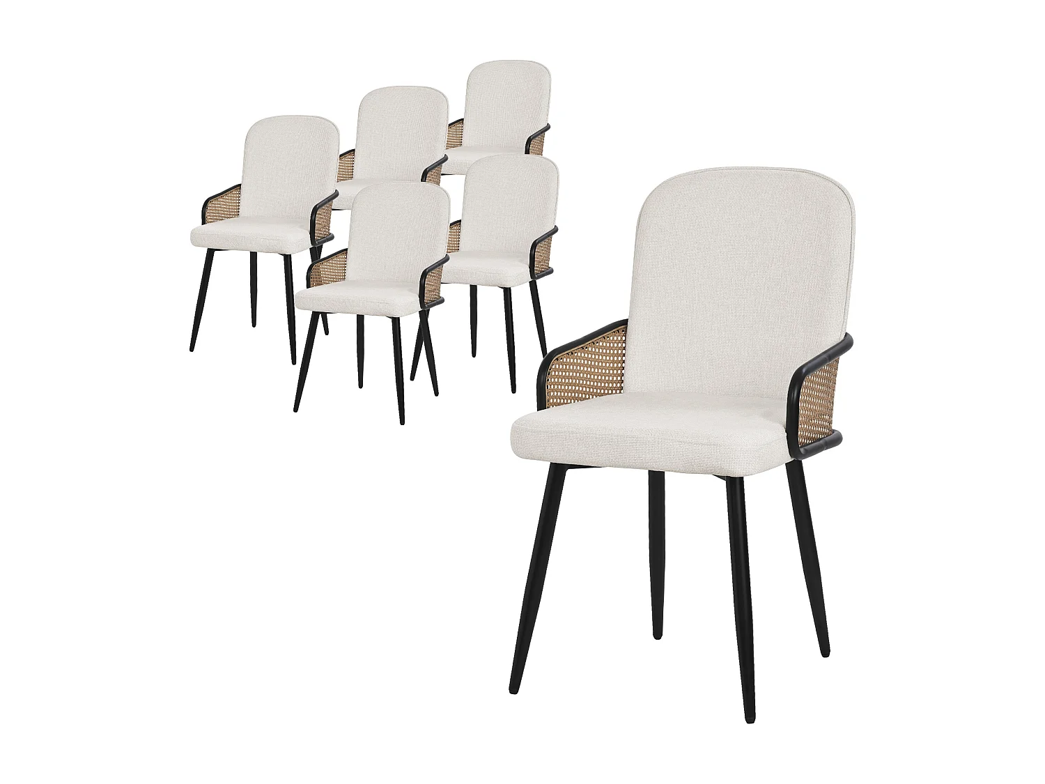 ML-Design Set di 6 sedie imbottite da pranzo beige, in tessuto, con braccioli effetto rattan, sedia da cucina, poltroncina ergonomica da soggiorno