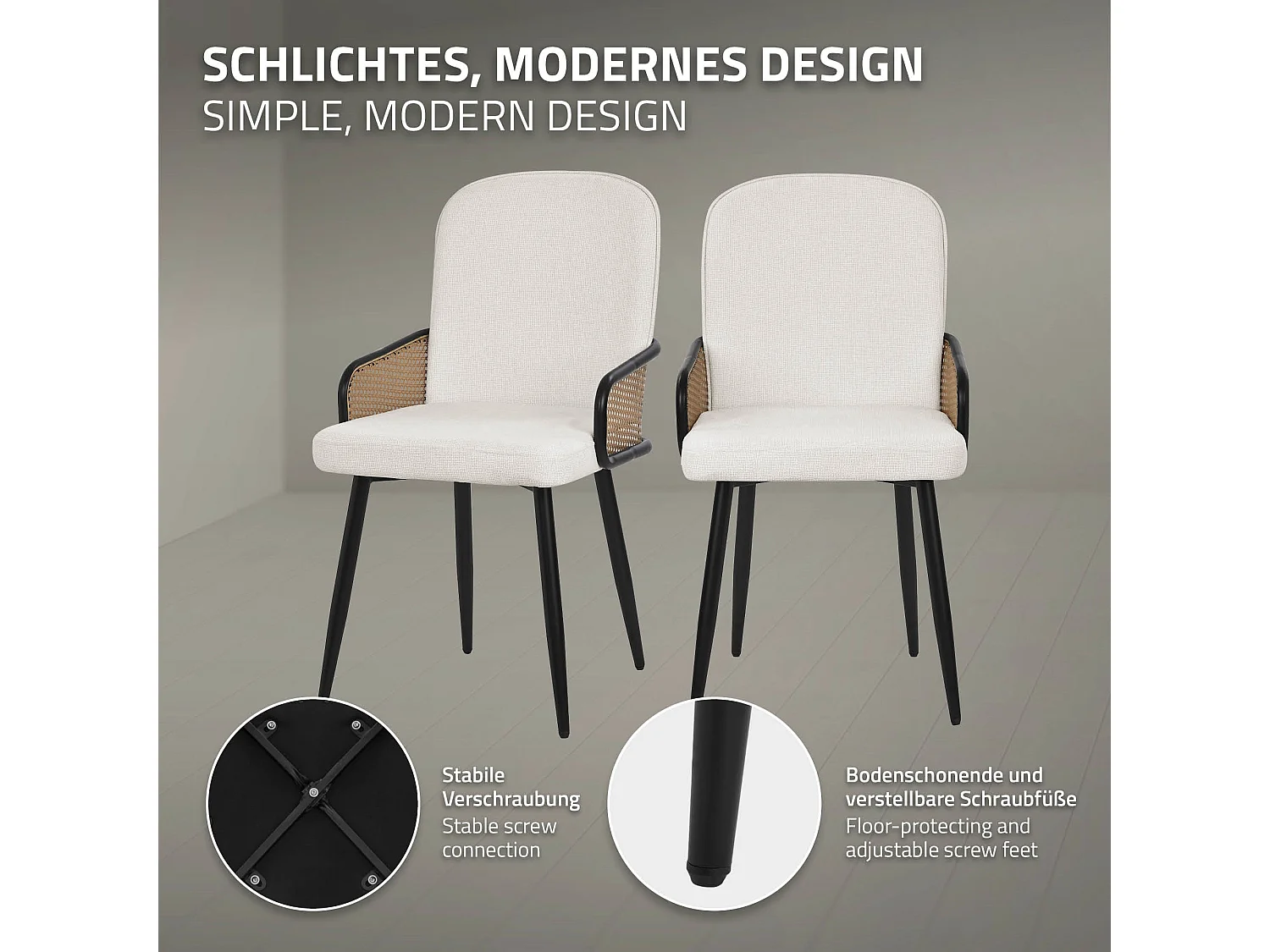 ML-Design 6x Sillas de comedor con funda de tela beige, asiento con respaldo, reposabrazos con aspecto de ratán sillón ergonómico de cocina