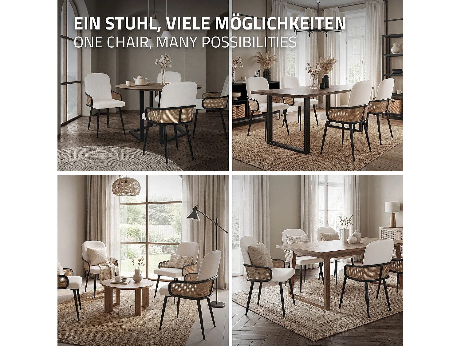 ML-Design 6x Sillas de comedor con funda de tela beige, asiento con respaldo, reposabrazos con aspecto de ratán sillón ergonómico de cocina
