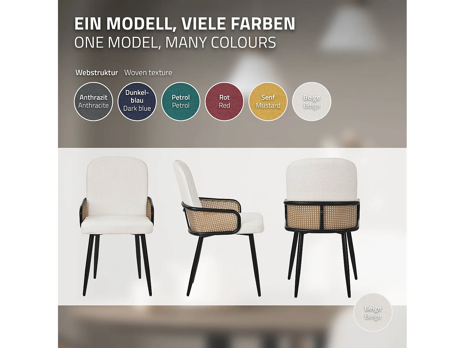 ML-Design 6x Sillas de comedor con funda de tela beige, asiento con respaldo, reposabrazos con aspecto de ratán sillón ergonómico de cocina