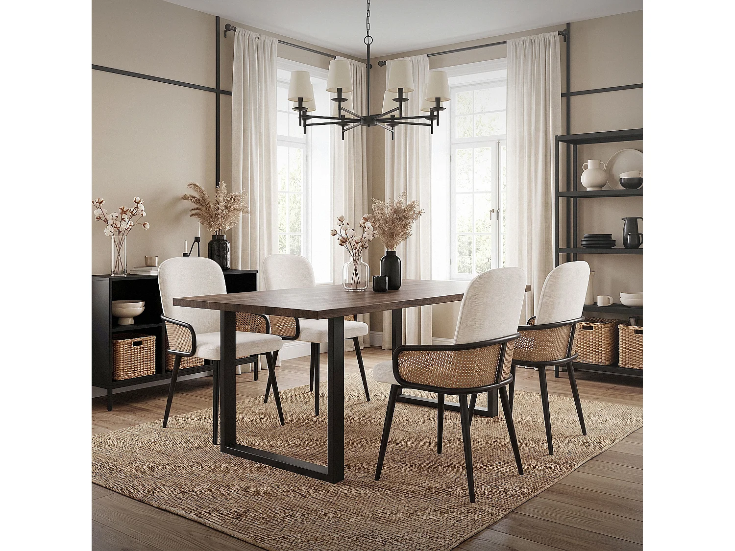 ML-Design 6x Sillas de comedor con funda de tela beige, asiento con respaldo, reposabrazos con aspecto de ratán sillón ergonómico de cocina