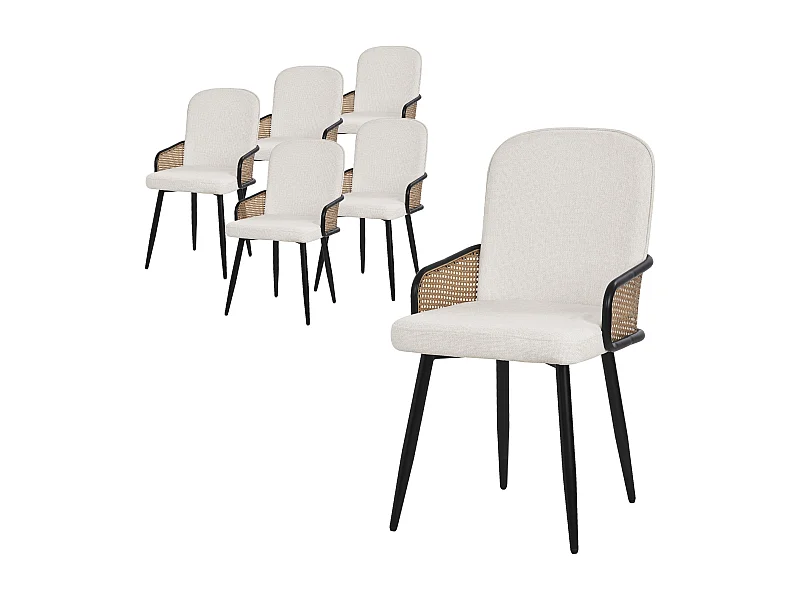 Lot de 6 chaises de salle à manger en tissu beige avec accoudoirs en rotin pieds en métal noir assise rembourrée confortable fauteuils ergonomiques