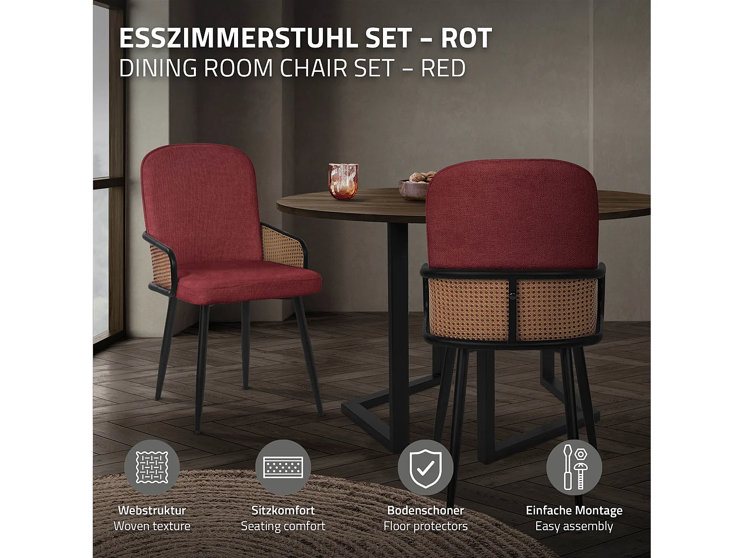 Lot de 6 chaises de salle à manger en tissu rouge avec accoudoirs en rotin pieds en métal noir assise rembourrée confortable fauteuils ergonomiques