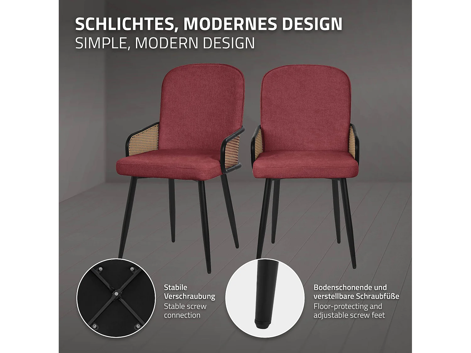 Lot de 6 chaises de salle à manger en tissu rouge avec accoudoirs en rotin pieds en métal noir assise rembourrée confortable fauteuils ergonomiques