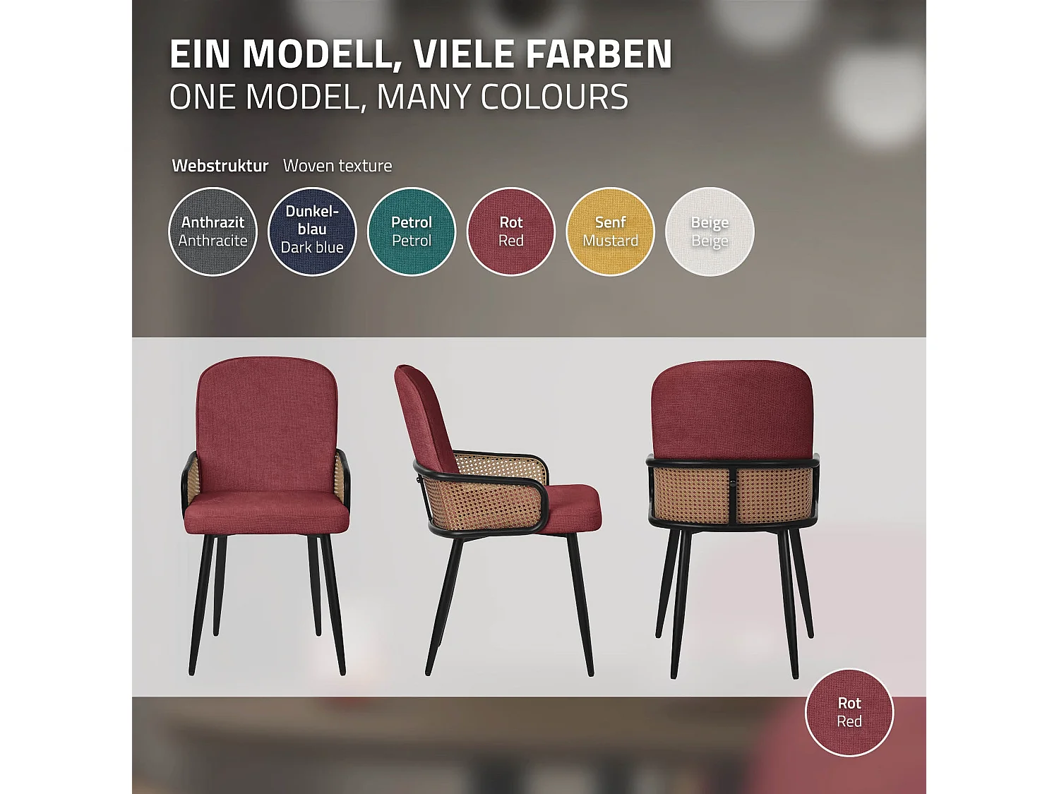 Lot de 6 chaises de salle à manger en tissu rouge avec accoudoirs en rotin pieds en métal noir assise rembourrée confortable fauteuils ergonomiques