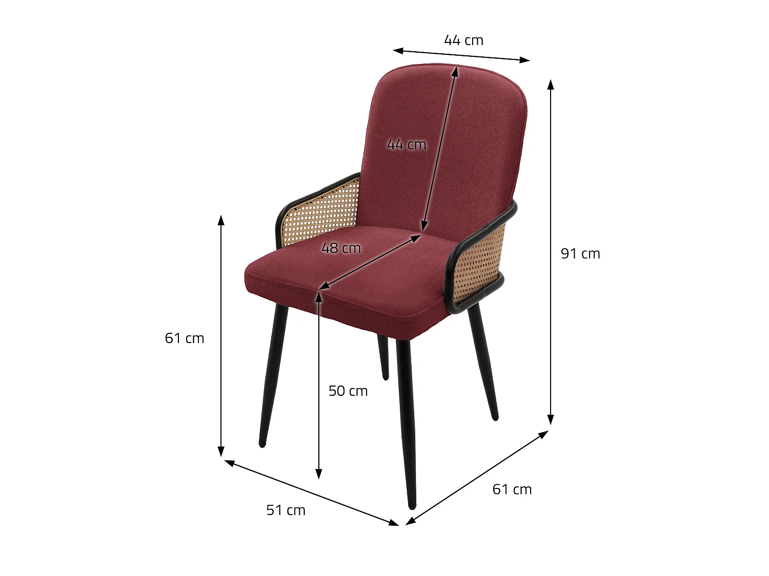 Lot de 6 chaises de salle à manger en tissu rouge avec accoudoirs en rotin pieds en métal noir assise rembourrée confortable fauteuils ergonomiques