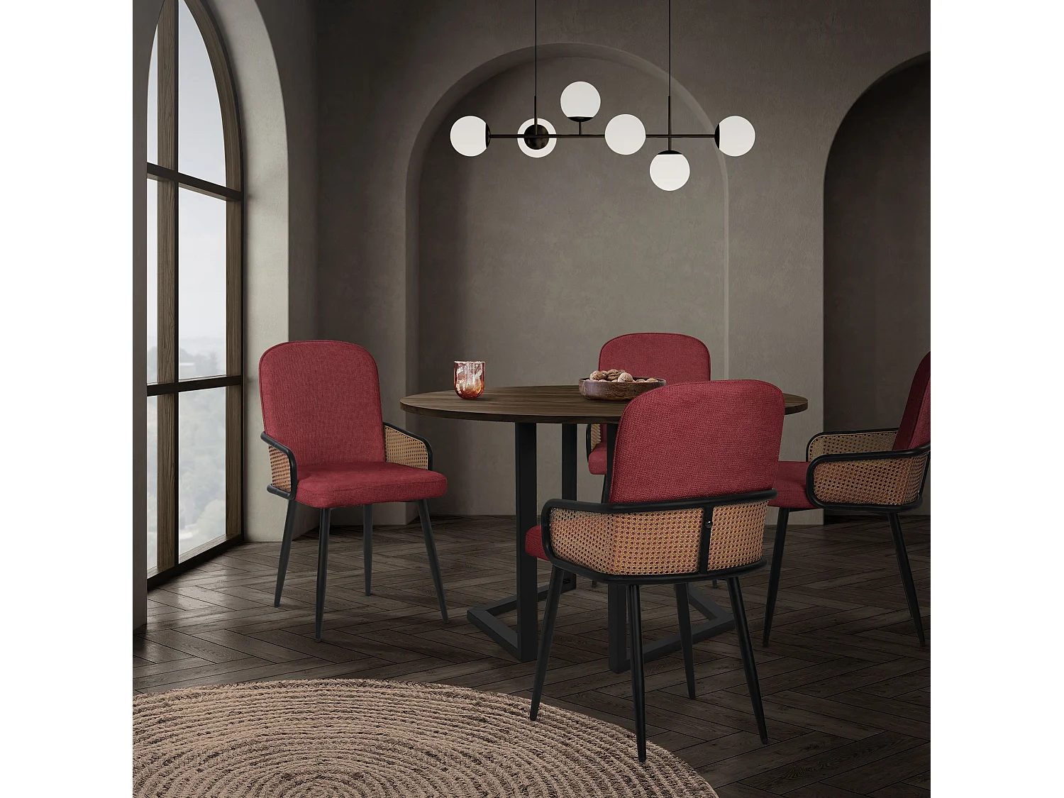 Lot de 6 chaises de salle à manger en tissu rouge avec accoudoirs en rotin pieds en métal noir assise rembourrée confortable fauteuils ergonomiques